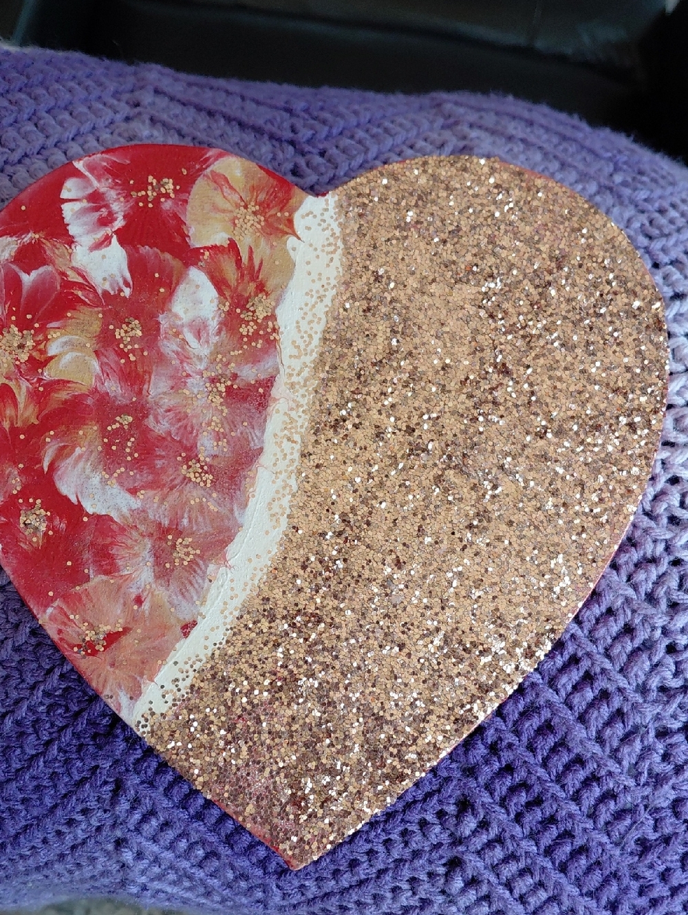 Handmade Heart Art with Red Floral and Rose Gold Glitter